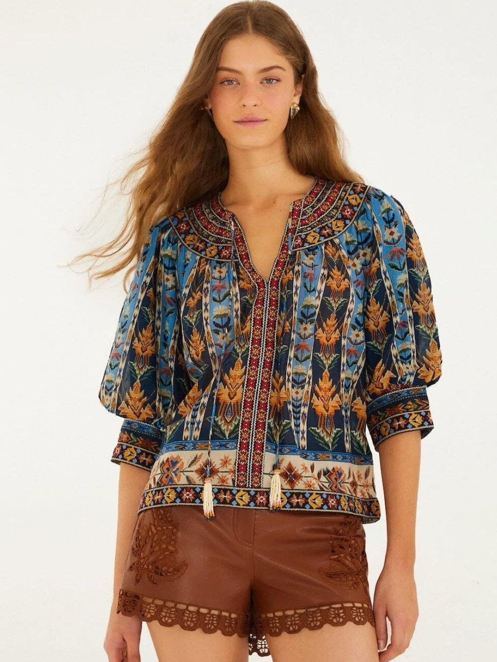FARM Rio Blue Embroidered Tapestry Tassel Puff Sleeve Cotton Blouse Sz Small NWT